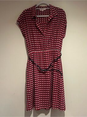 Louche London Red and Navy Blue Printed Belted Dress Sz 12